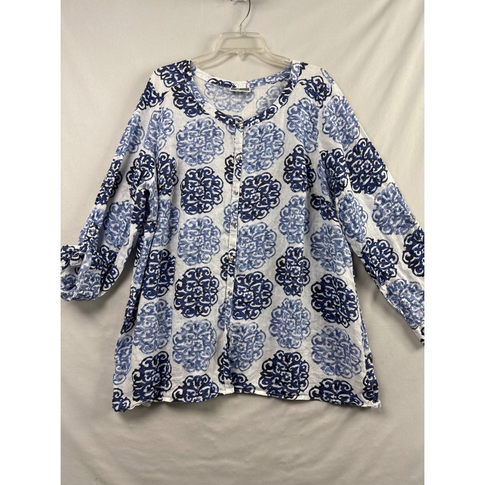 JM Collection Linen Tunic Womens 20W Blue White Medallion Roll Tab Button Front